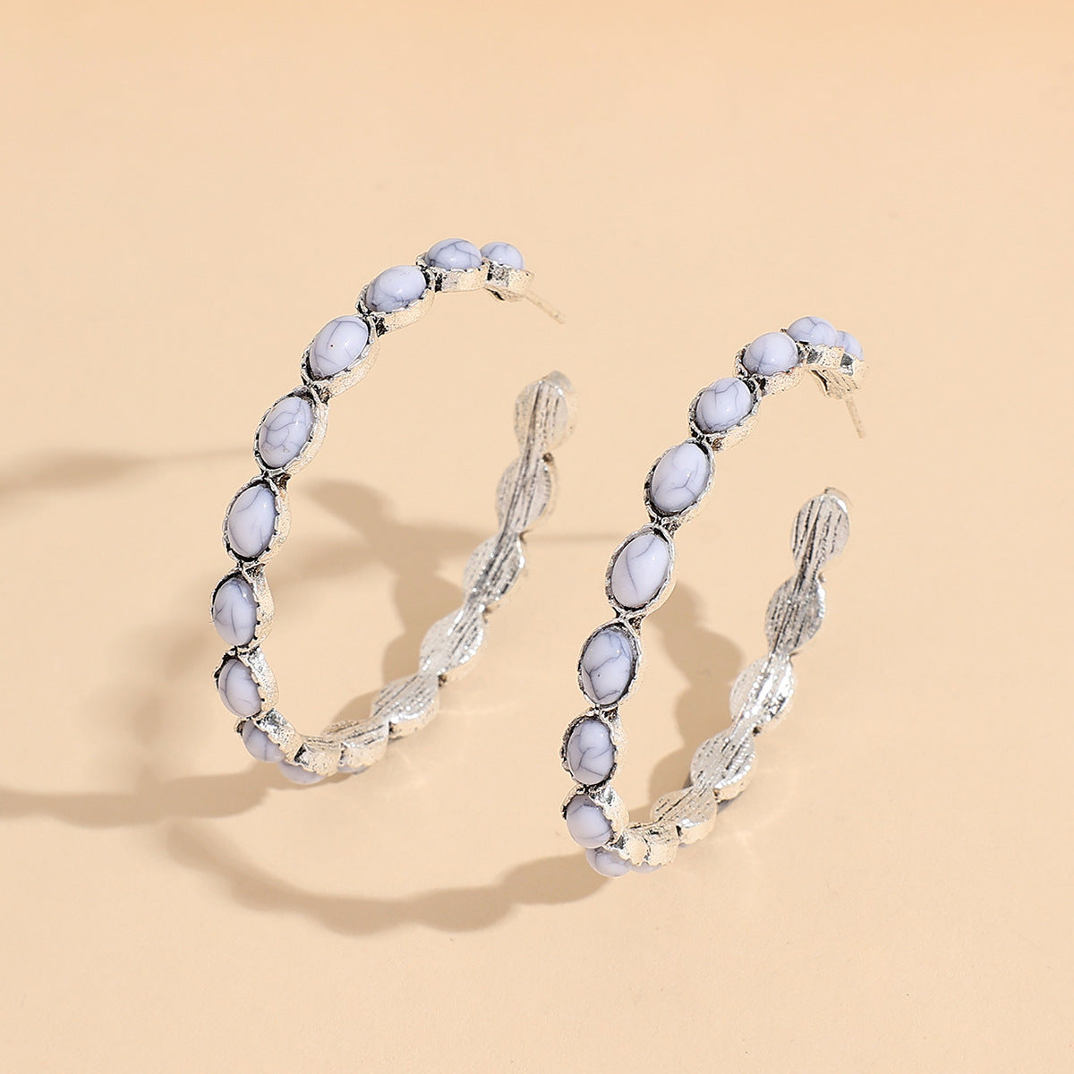 Wholesale Geometric Turquoise Stone Circle Earrings Retro Exaggerated C Hoop Earrings For Women Alloy Party Jewelry Accessory