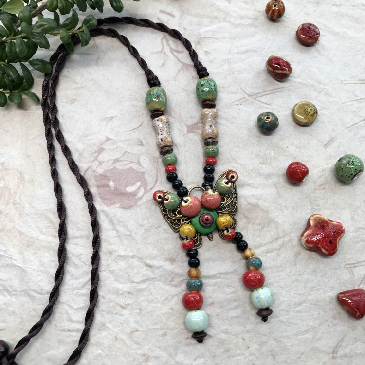 Wholesale Forest Style Handmade Ceramic Necklace Retro All-match Sweater Chain Long Necklace ACC-NE-Luox001