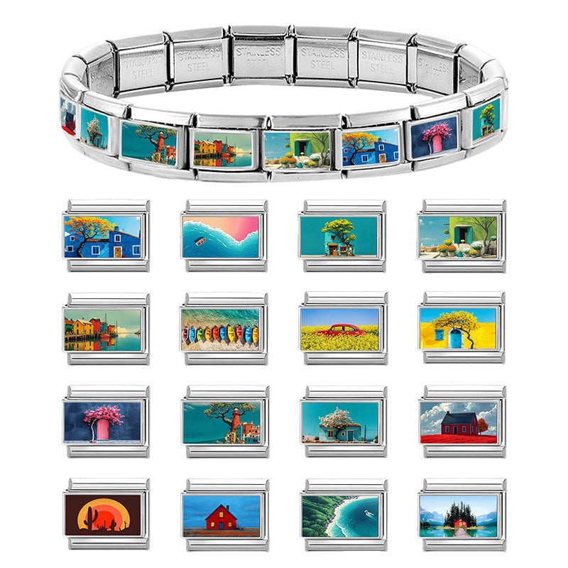 Wholesale Italian Style Landscape DIY Bracelet Charms Stainless Steel Jewelry Making Accessory
