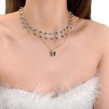 Wholesale  Double Layer Stacked Blue Butterfly Necklace