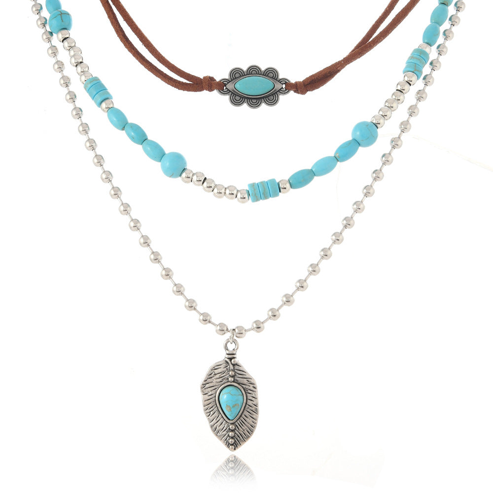 Wholesale Handmade Vintage Turquoise Multi Layer Necklace Set For Women Long Layered Sweater Chain Pendant Stylish Fashion Accessory Gift