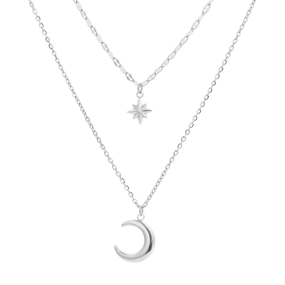 Wholesale Stainless Steel Moon And Eight Star Pendant Layered Women S Necklace Chic Collarbone Chain Everyday Jewelry Accessory Gift