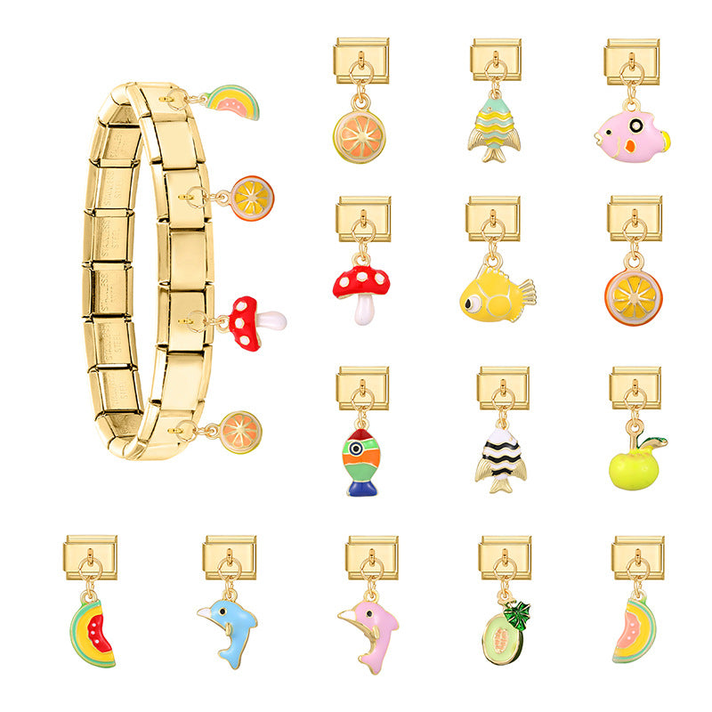Wholesale 9mm Italian Charm Starter Bracelets DIY Fish and Fruit Pendant Stainless Steel Composable Bracelet