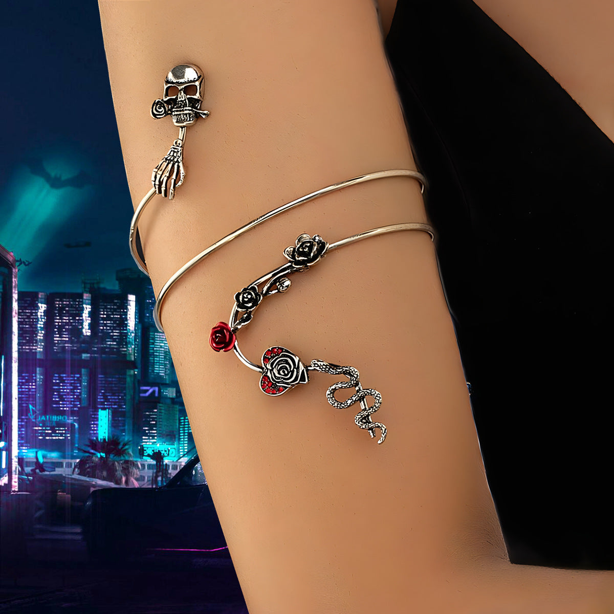 Wholesale Fashion Punk Skull Snake Arm Cuff Antique Silver Alloy Resale Jewelry Accessory