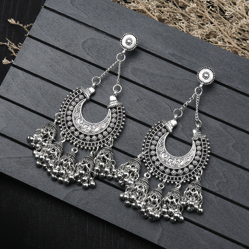 Wholesale Antique Silver Alloy Bohemian Ethnic Bell Carved Drop Earrings,  Fashion Jewelry Accessory for Party Gift