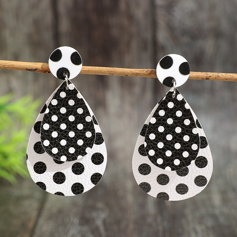 Wholesale Trendy Black White Polka Dot Leather Drop Earrings Double Layer Jewelry Accessory for Party Wear Boutique Resale