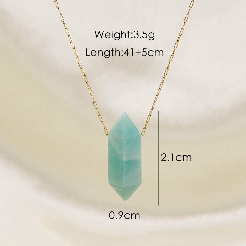 Wholesale Natural Crystal Double-pointed Multi-faceted Hand-polished Hexagonal Prism Pendant Stainless Steel Necklace