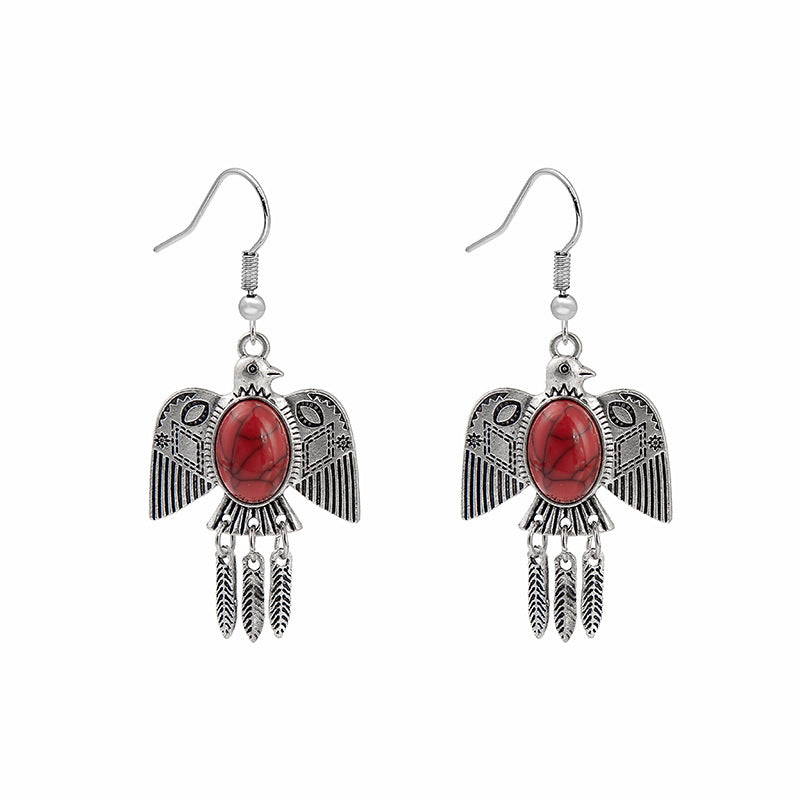 Wholesale Bohemian Owl Dream Catcher Feather Tassel Earrings Turquoise Geometric Carved Fashion Accessory Gift