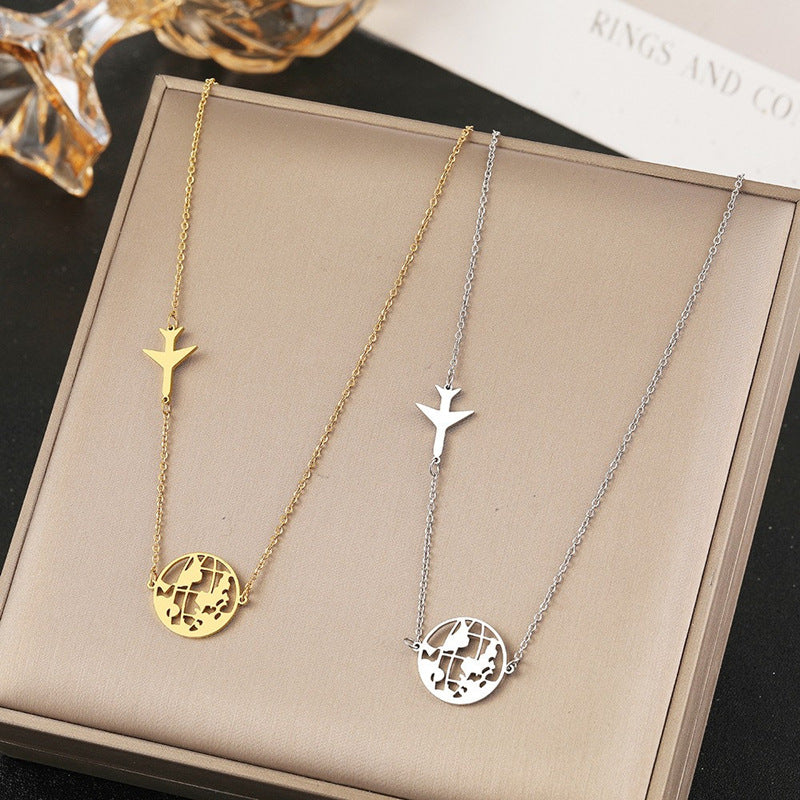Wholesale Stainless Steel  Airplane and World Map Pendant Necklace