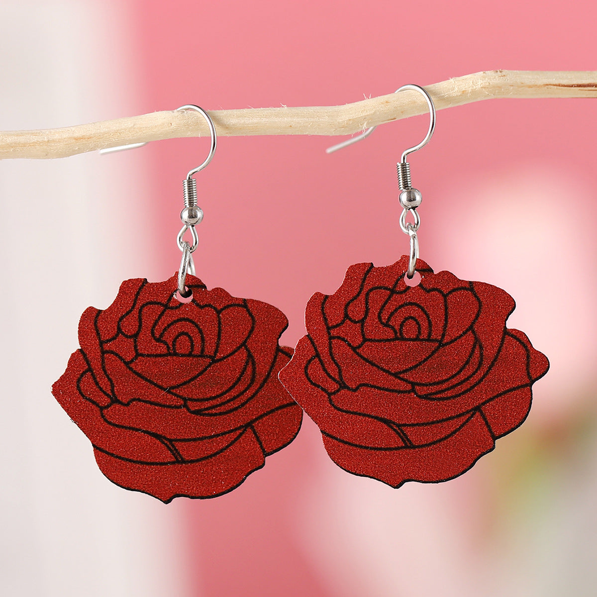 Wholesale Wooden Valentine' s Day Bear and Rose Envelope Earrings