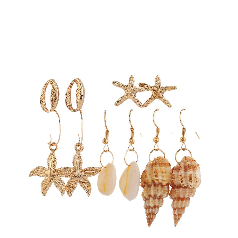 Wholesale Beach Style Golden Shell Starfish Conch Combination Earrings