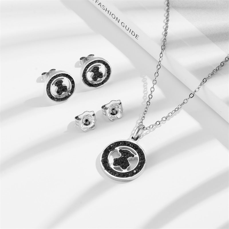 Wholesale Titanium Steel  Bear New Round Diamond Black Bear Necklace Earrings suit  Necklace