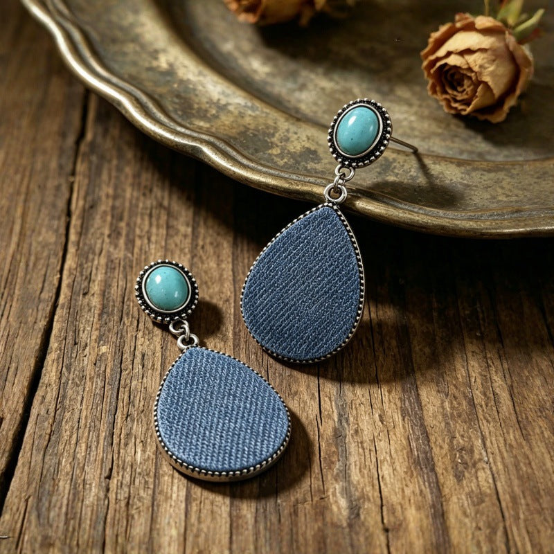 Wholesale Leather Vintage Western Bohemian Drop Earrings Turquoise Print Women' s Jewelry Accessory