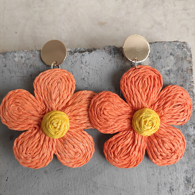 Wholesale 2 Pairs/pack Bohemian Rattan Raffia Colorful Flower Earrings ACC-ES-HY091
