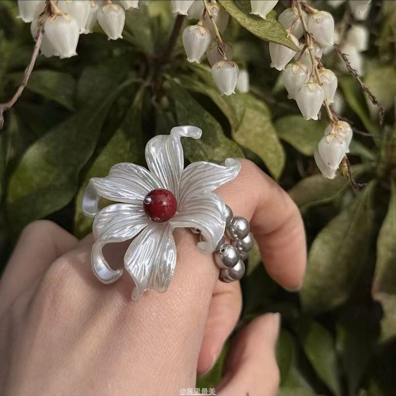 Wholesale Flower Double Silver Pearl  Elastic Ring
