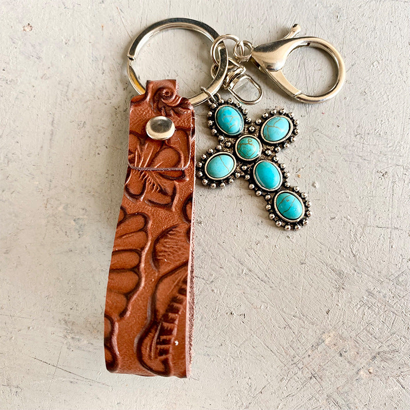 Wholesale Embossed Cowhide Leather Keychain With Turquoise Pumpkin Pendant Western Retro Style Key Ring Fashion Accessory