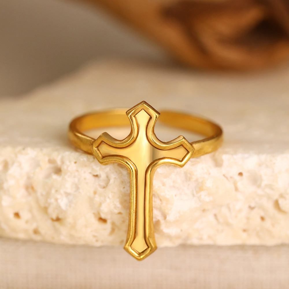 Wholesale Electroplated Stainless Steel Cross Open Ring French Vintage Style Chic Jewelry Accessory For Everyday Wear Gift