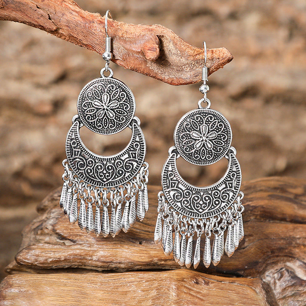 Wholesale Zinc Alloy Retro Ethnic Tassel Earrings with Geometric Pattern,  Fashion Accessory Gift