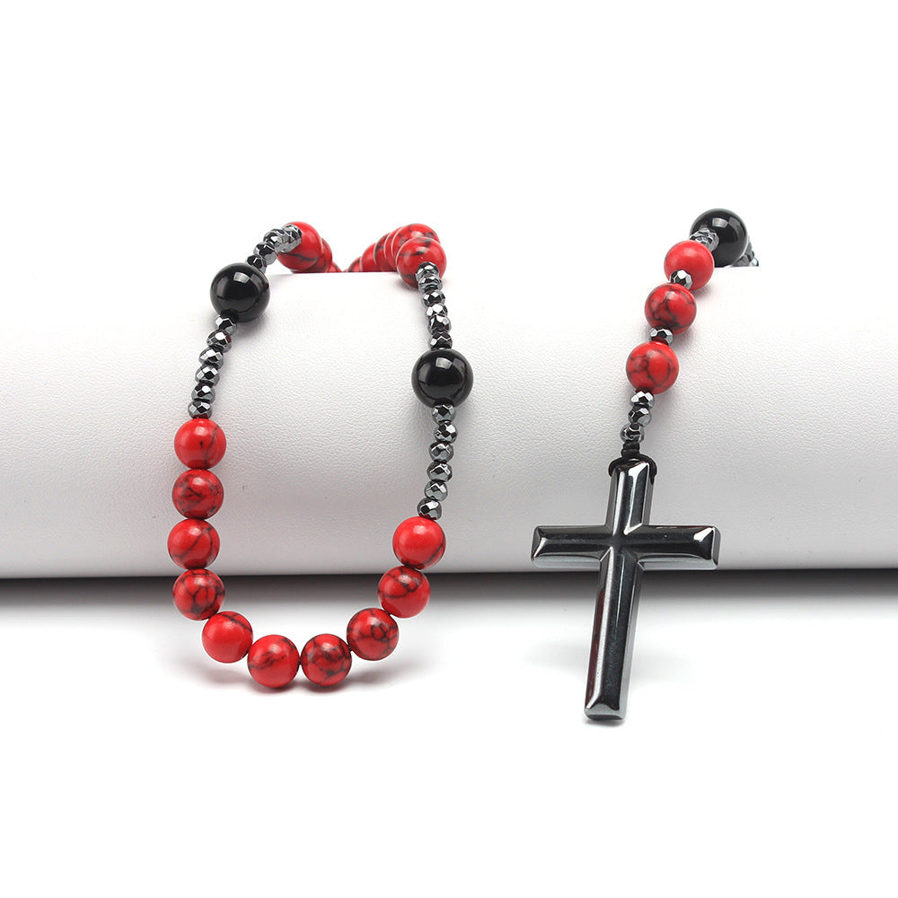 Wholesale natural stone 8mm red turquoise black agate black gallstone cross rosary beads men' s necklace