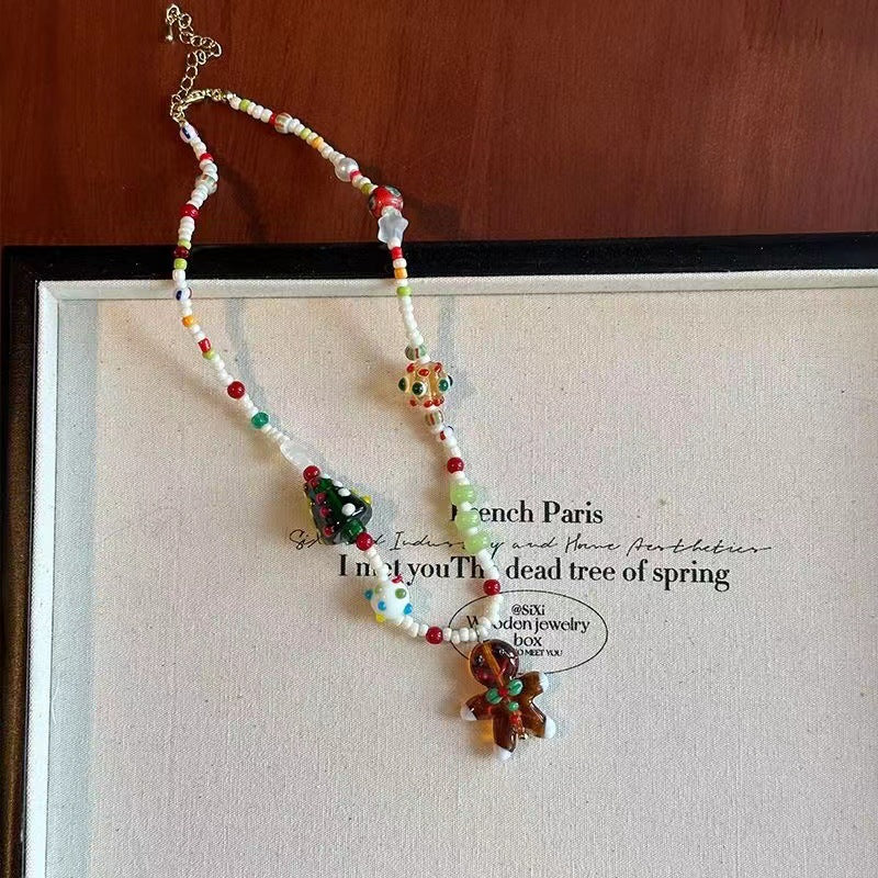 Wholesale Christmas Party Cartoon Cute Gingerbread Man  Beaded Necklace