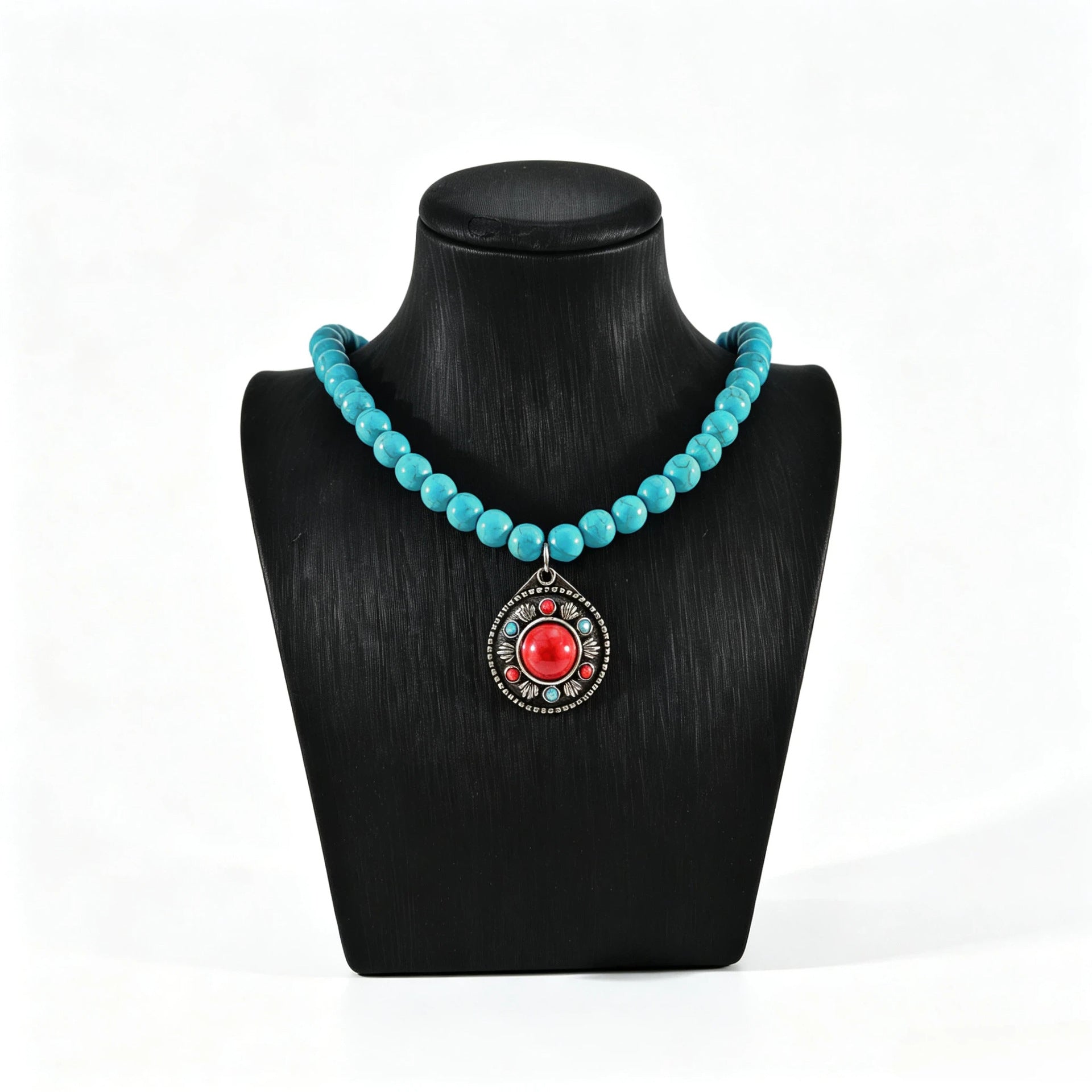 Wholesale Vintage Turquoise Red Stone Cross Pendant Necklace For Women Retro Collarbone Chain Jewelry Accessory