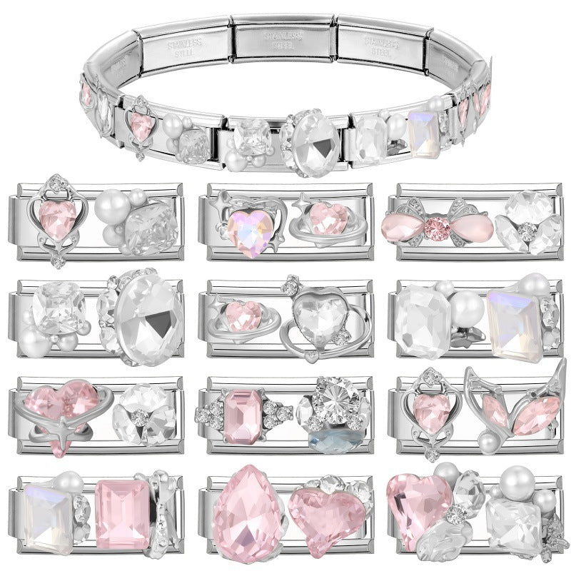 Wholesale Stainless Steel DIY Modular Pink Heart Pearl Crystal Bracelet - Chic Fashion Jewelry Accessory for Boutique Resale