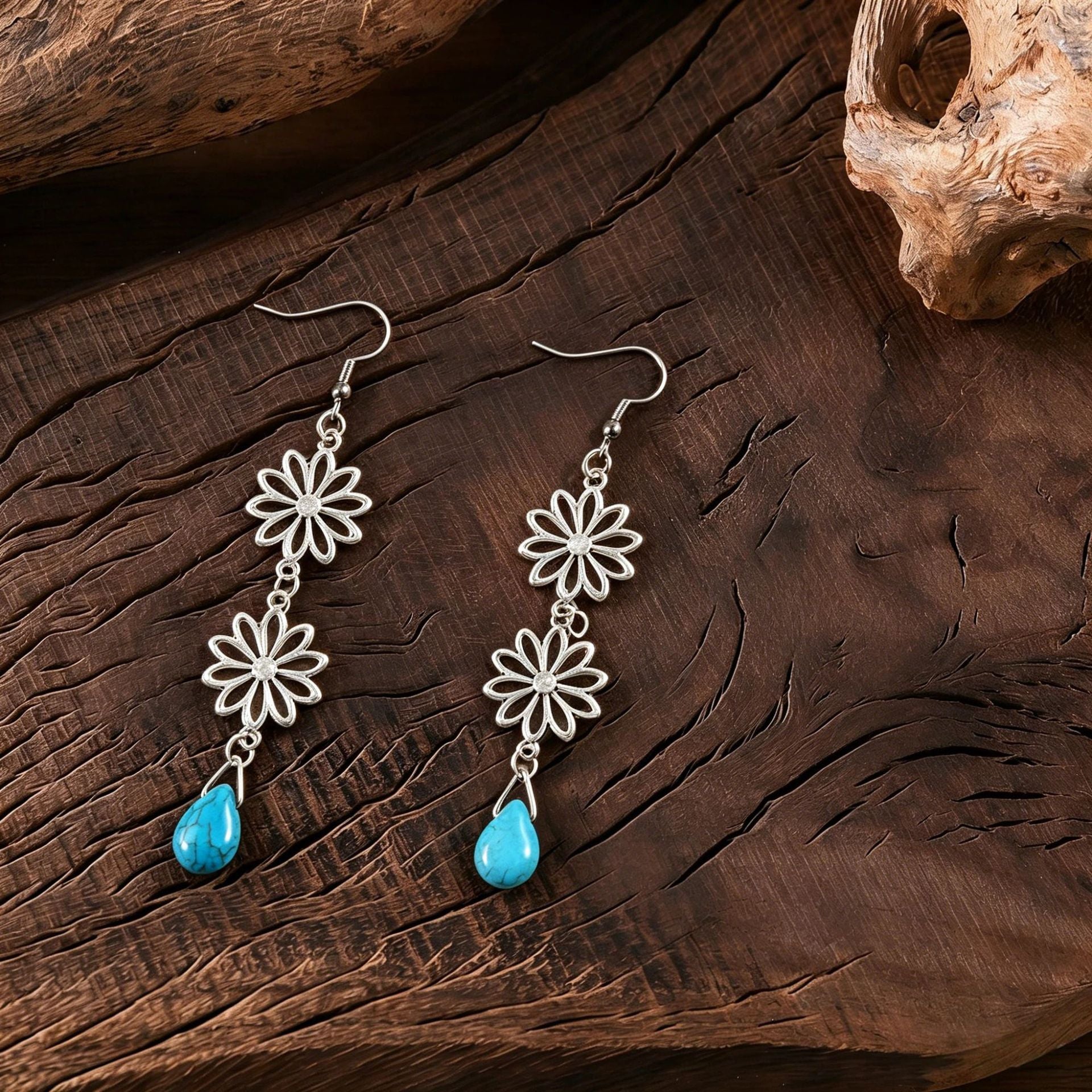 Wholesale Zinc Alloy Bohemian Moon Drop Earrings Hollow Flower Turquoise Inlay For Women Everyday Wear