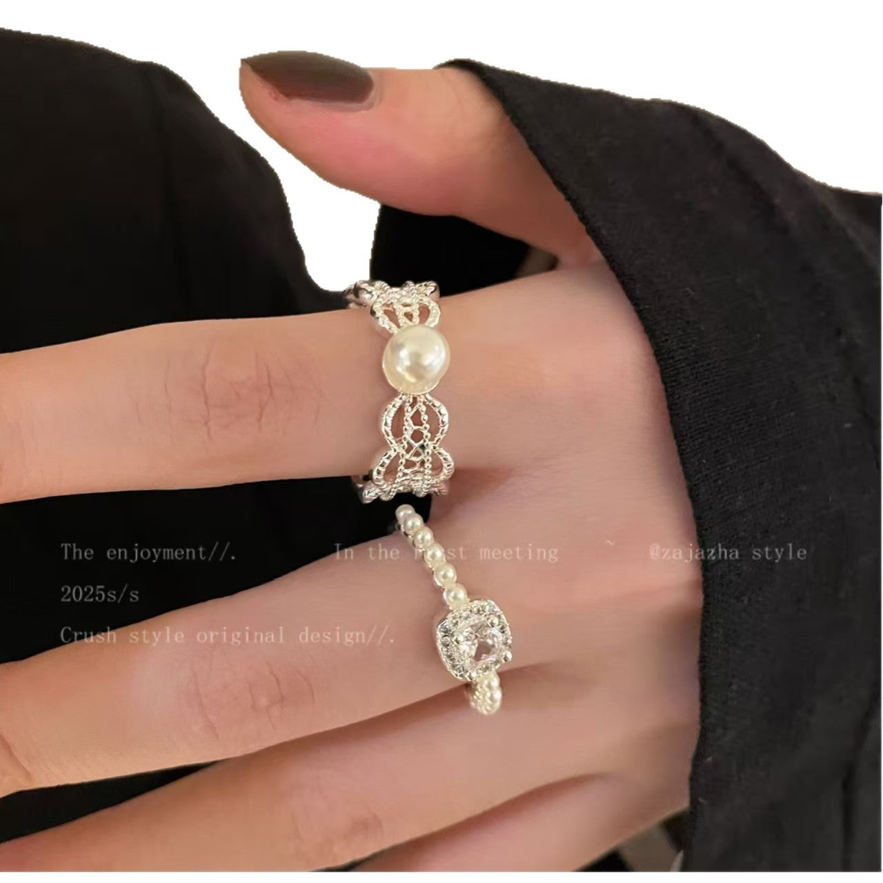 Wholesale Adjustable Lace Pearl Zircon Ring Women Star Moon Glacier Blue Design Open Ring Jewelry Gift Boutique Resale