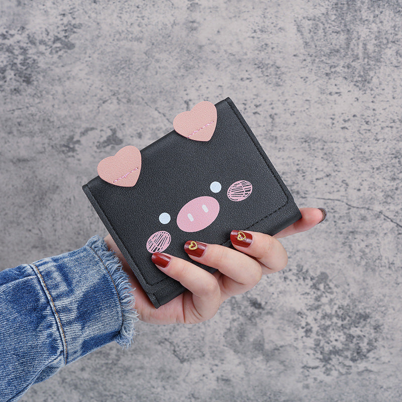 Wholesale PU Leather Cartoon Pig Print Tri Fold Wallet For Women Students Casual Daily Use