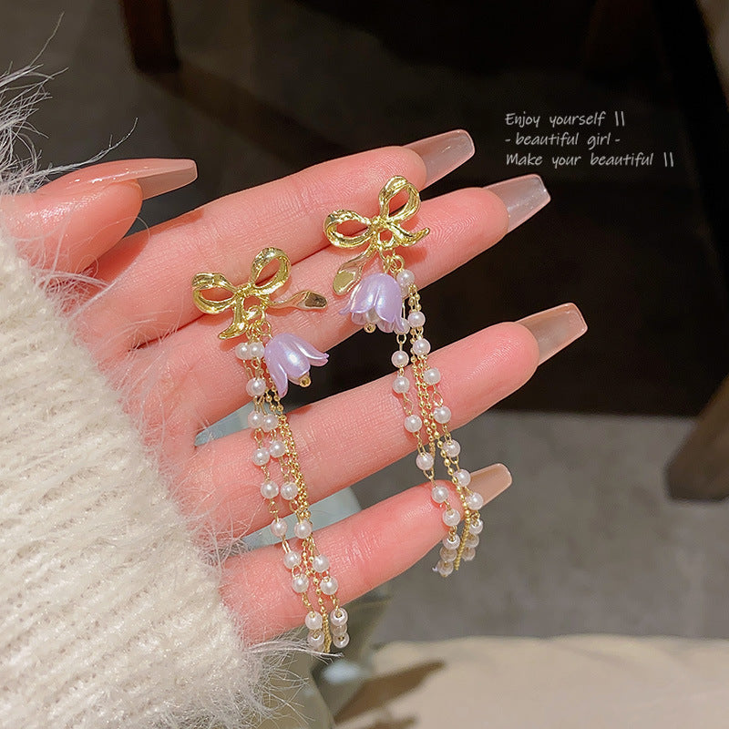 Wholesale Bow Romantic Purple Lan Ling Hua Su Pearl S925 Silver Needle Earrings Bow Earrings Pearl Earrings ACC-ES-HanJue001