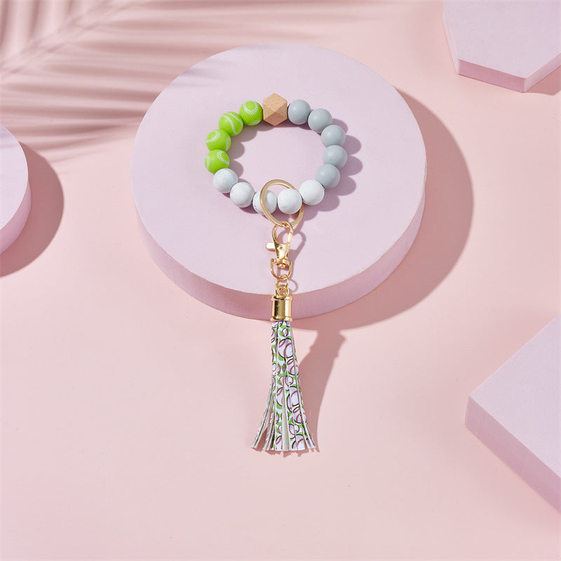 Wholesale Football Basketball Baseball Silicone Beaded Leather Tassel Wrist Keychain