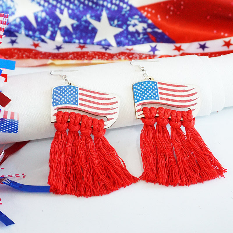 Wholesale 2 Pairs/pack American Independence Day Hats Hand Knitted Bohemian Tassel Cotton Thread Earrings ACC-ES-HY042