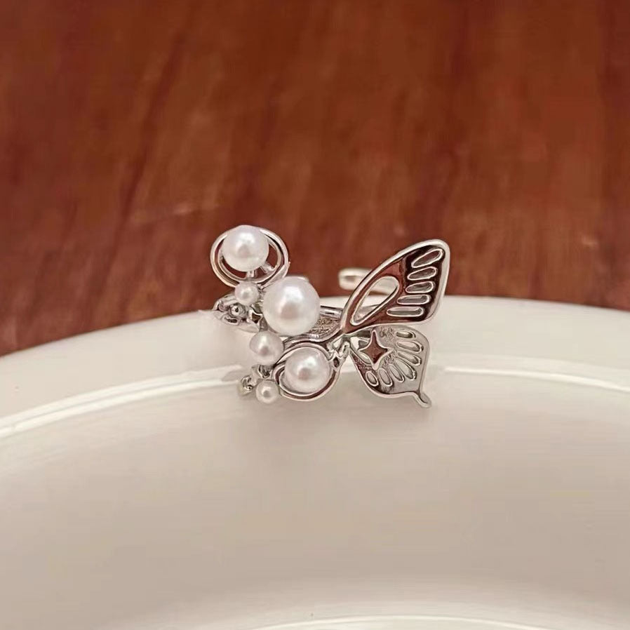 Wholesale Chic Pearl Butterfly Design Ring Adjustable Zinc Alloy Jewelry Accessory For Women