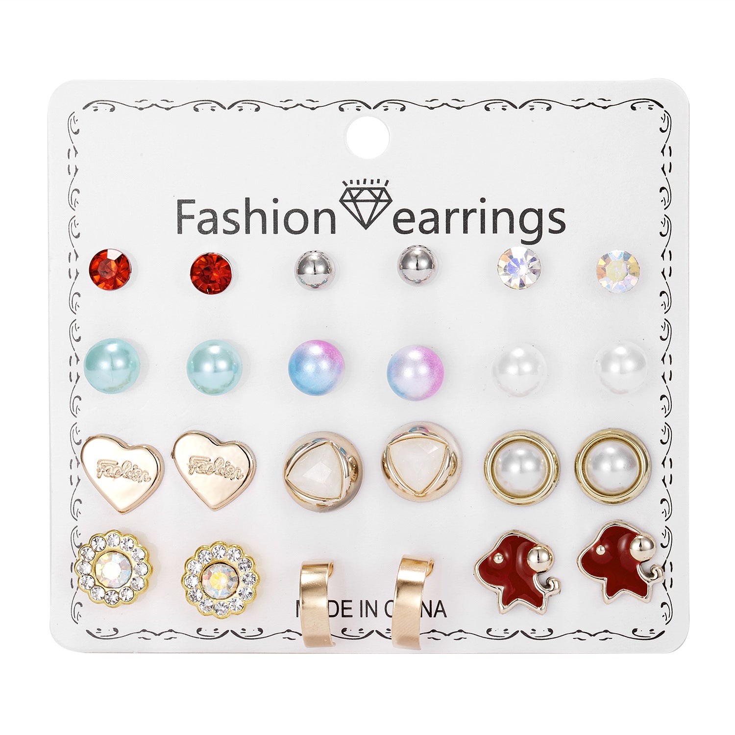Wholesale 12pcs/set Pearl Rhinestone gold ball combination card earrings set