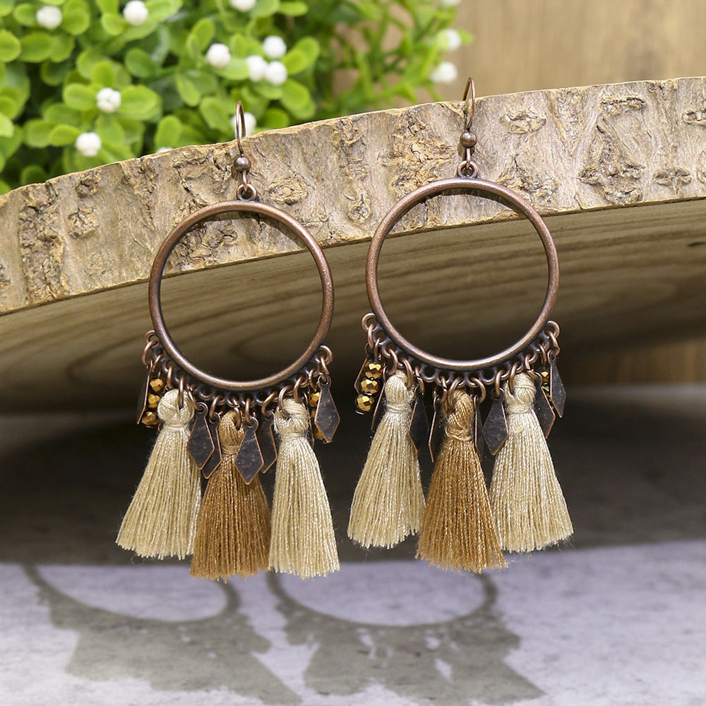 Wholesale Retro Ethnic Tassel Earrings Alloy Electroplated Geometric Round,  Women' s Fashion Accessory for Boutique Resale