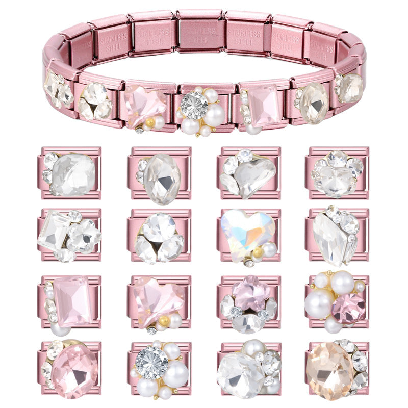 Wholesale Stainless Steel Pink Crystal Pearl Heart Bracelet Set Fashion Accessory