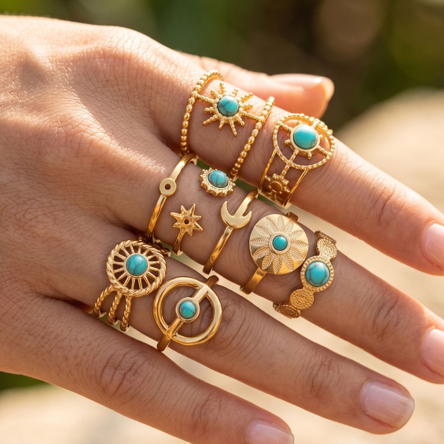 Wholesale Turquoise Star Moon Open Ring Stainless Steel Women S Chic Fashion Accessory