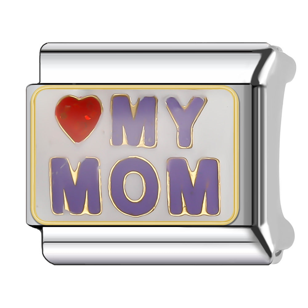 Silver rectangular charm link with red heart and purple MY MOM lettering