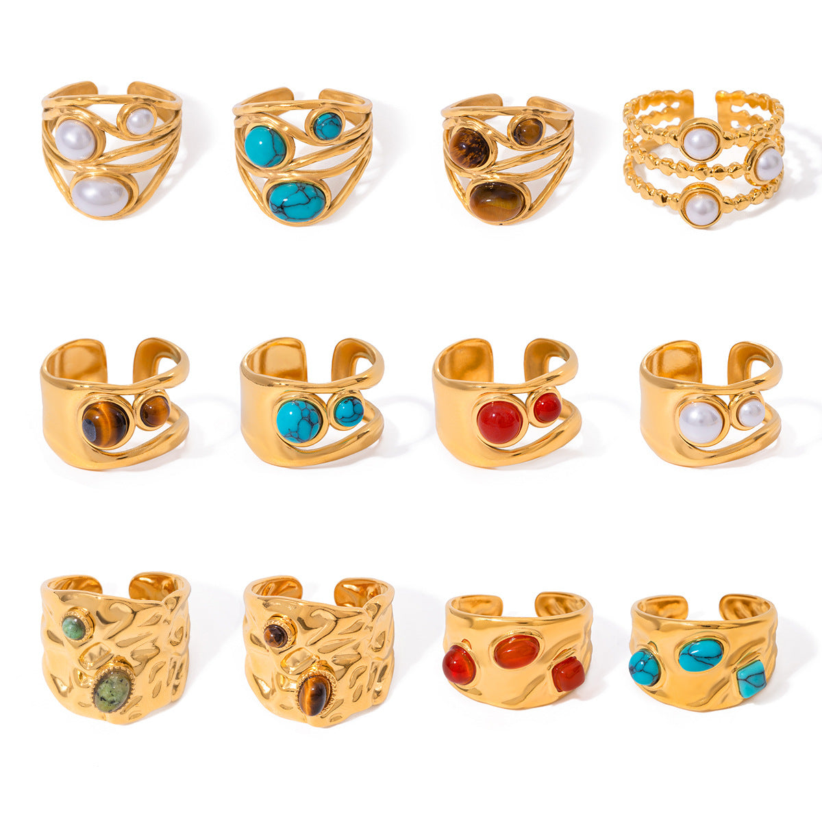 Wholesale 18k gold stainless steel round  pearl smooth hollow opening ring