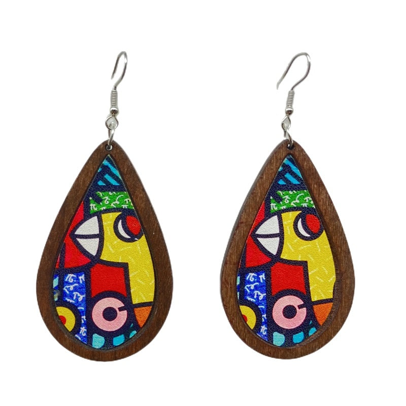 Wholesale Vintage Wood Oil Painting Style Water Drop Earrings ACC-ES-FX043
