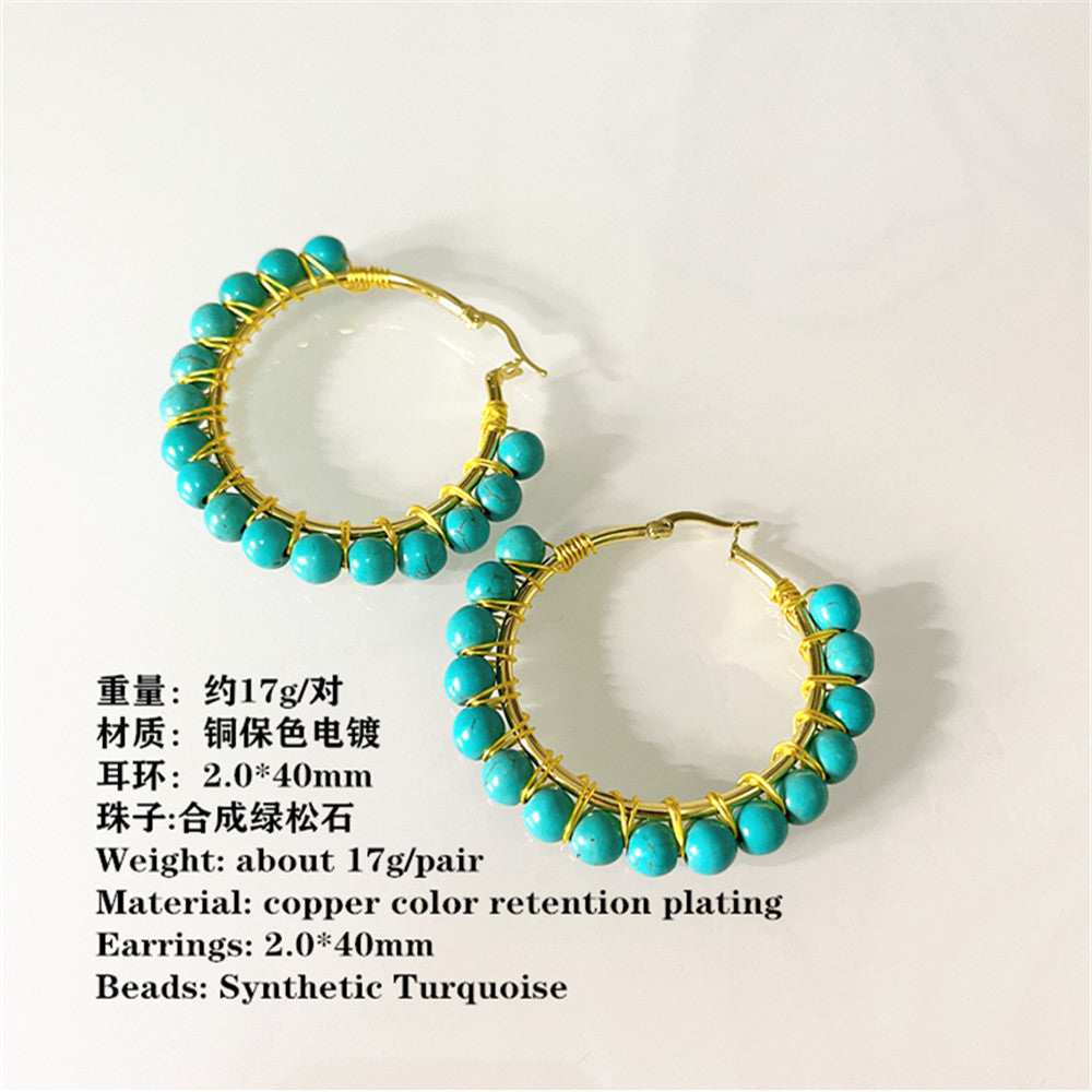 Wholesale Round Stone Volcanic Rock Synthetic White Turquoise Earrings
