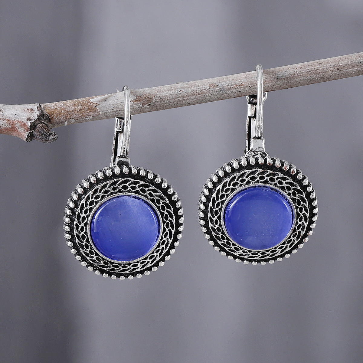 Wholesale Bohemian Retro Oval Jeweled Earrings Blue Electroplated Zinc Alloy Pair Trendy Party Gift And Boutique Resale Accessory