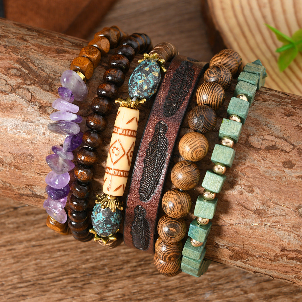 Wholesale 6-piece set wooden beaded gravel leather men and women bracelet