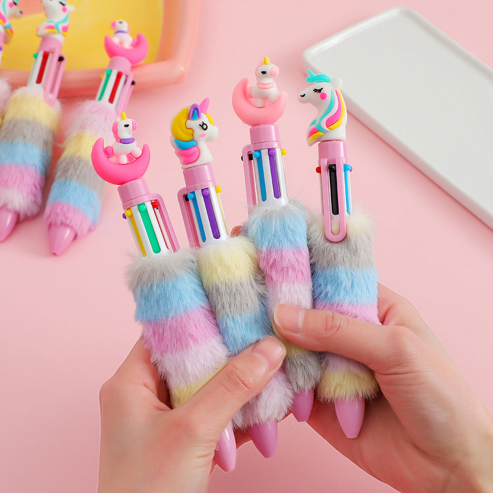 Wholesale Cartoon Unicorn Plush Ballpoint Pen Cute Six-color Push Stationery Notebook Pen ACC-PN-SuManshu001