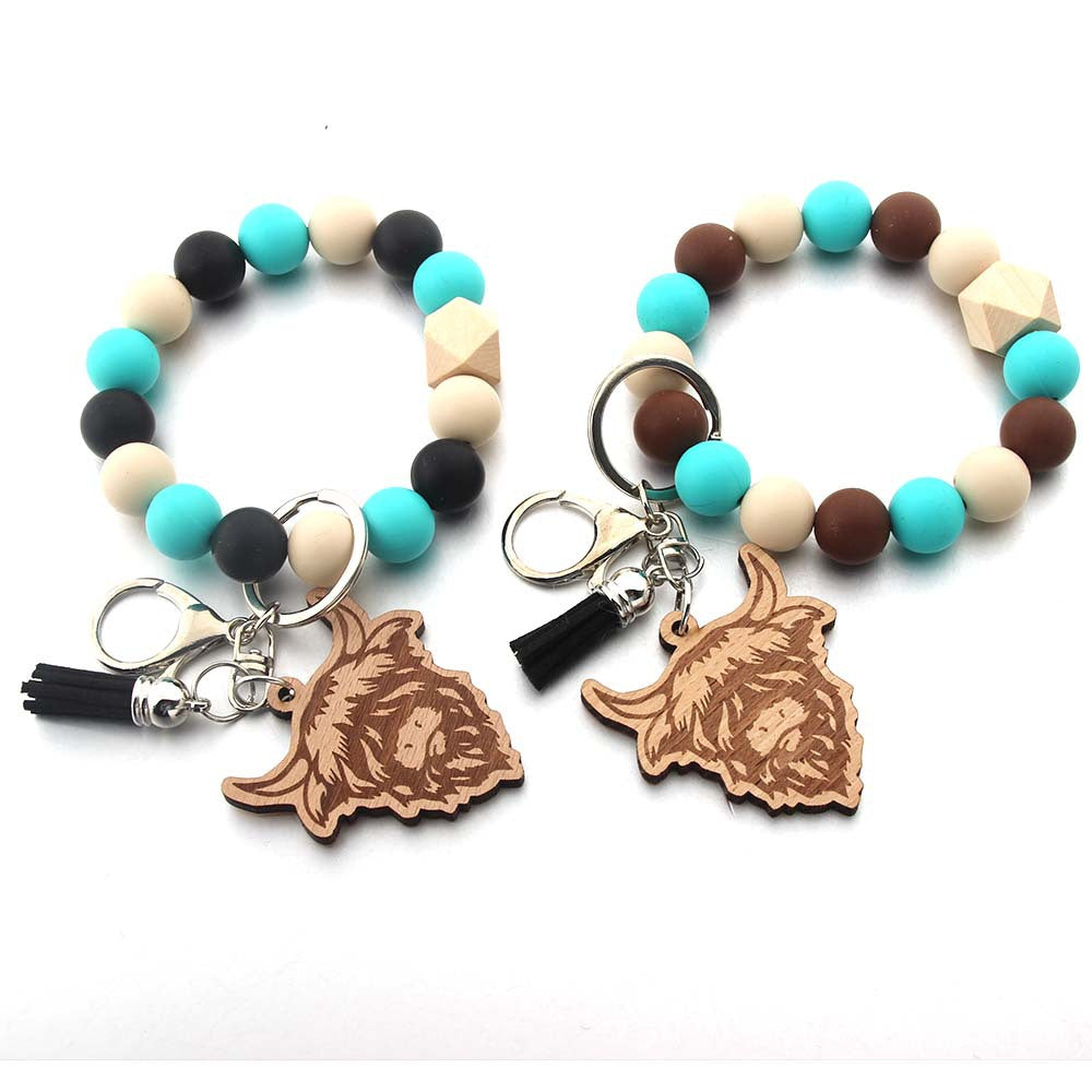 Wholesale Cartoon Western Style Bull Head Wood Chip Silicone Beaded Wristlet Keychain ACC-KC-JinAn015