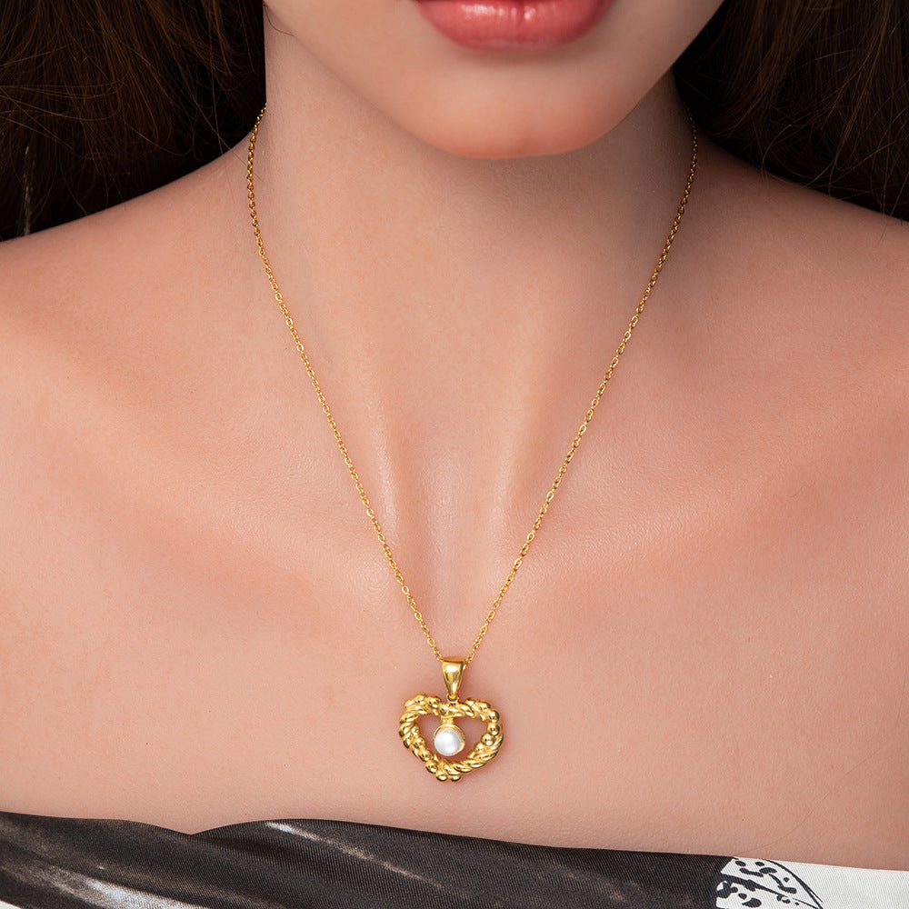 Wholesale Vintage Diamond Heart Shape Freshwater Pearl Stainless Steel Choker Necklaces ACC-NE-YuHui012