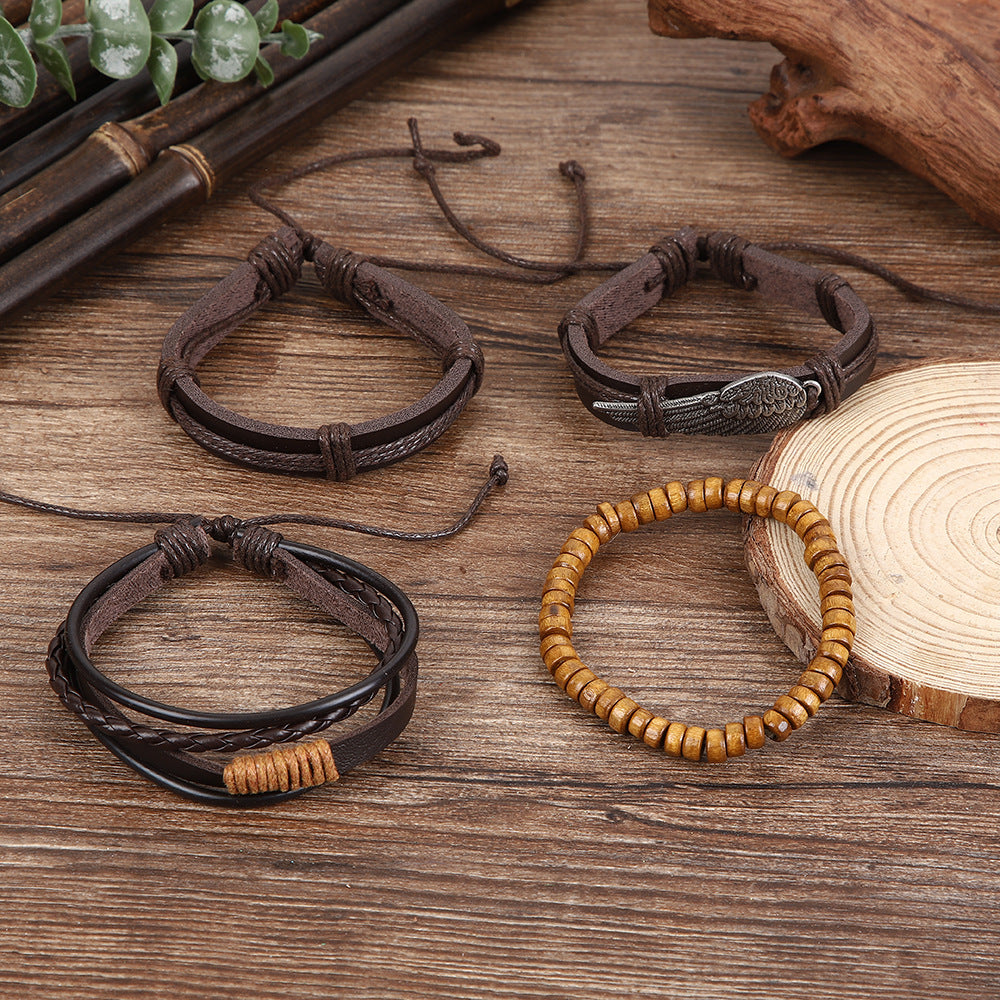 Wholesale Handmade Layered Leather Wood Bead Bracelet Retro Angel Wings Unisex Boutique Resale