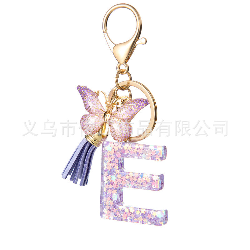 Wholesale Purple Star Tassel Resin Keychain 26 English Letters Bag Charm For Women Students Fashion Decorative Accessory