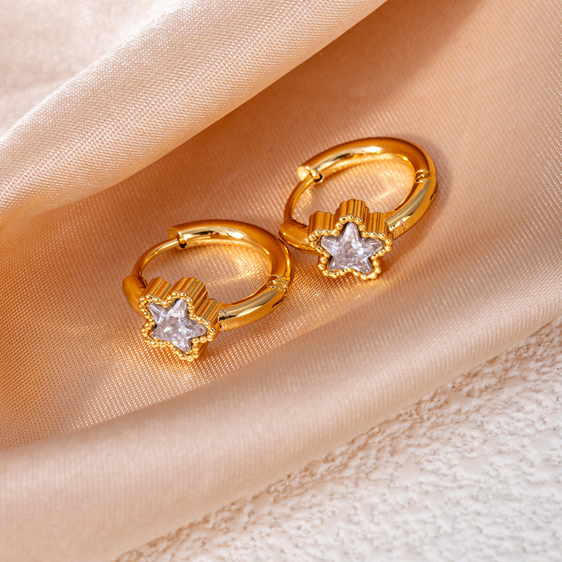 Wholesale Titanium Steel Star Earrings with Emerald and Crystal Zircon - Retro Design for Everyday Wear Jewelry Accessory