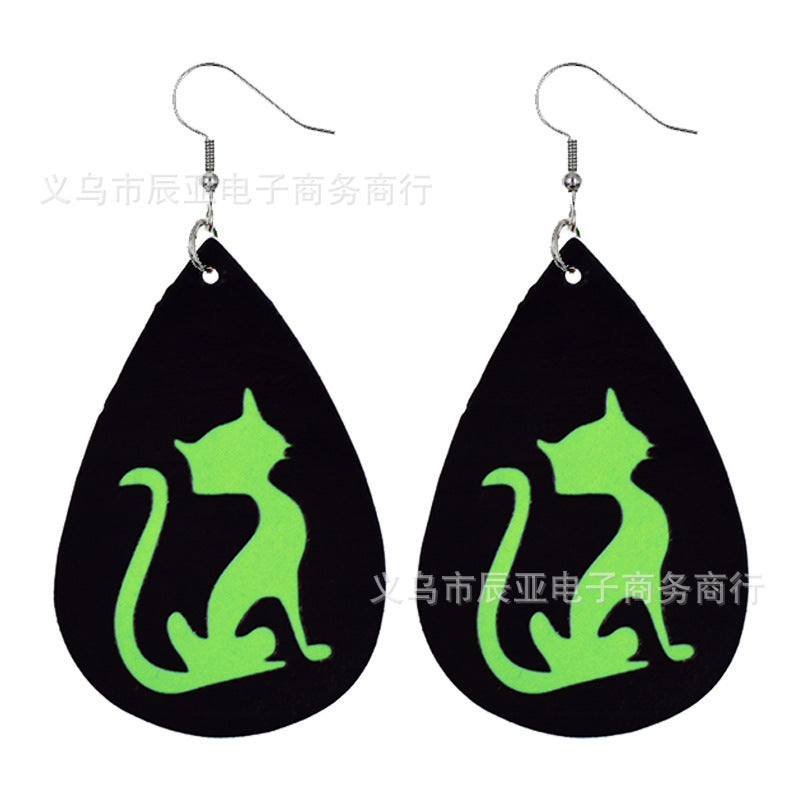 Wholesale Halloween Pumpkin Skull Fluorescent Green Luminous Leather Earrings ACC-ES-ChenY039